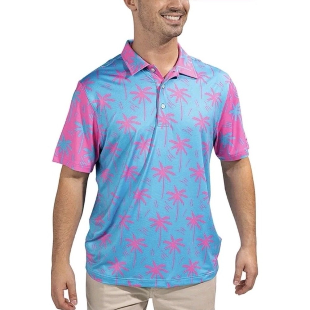 Chubbies Polo Shirt Men L Blue‎ Pink Golf Performance Palm Tree AOP Stretch Pink